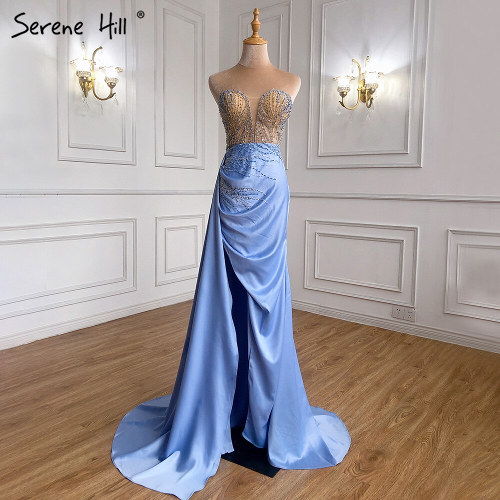 Serene Hill Blue High Split Mermaid Evening Dresses Gowns 2025 Beaded Elegant Stain For Women Party LA71262 - SERENE HILL