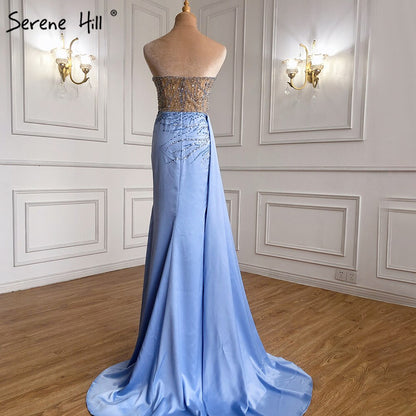 Serene Hill Blue High Split Mermaid Evening Dresses Gowns 2025 Beaded Elegant Stain For Women Party LA71262 - SERENE HILL