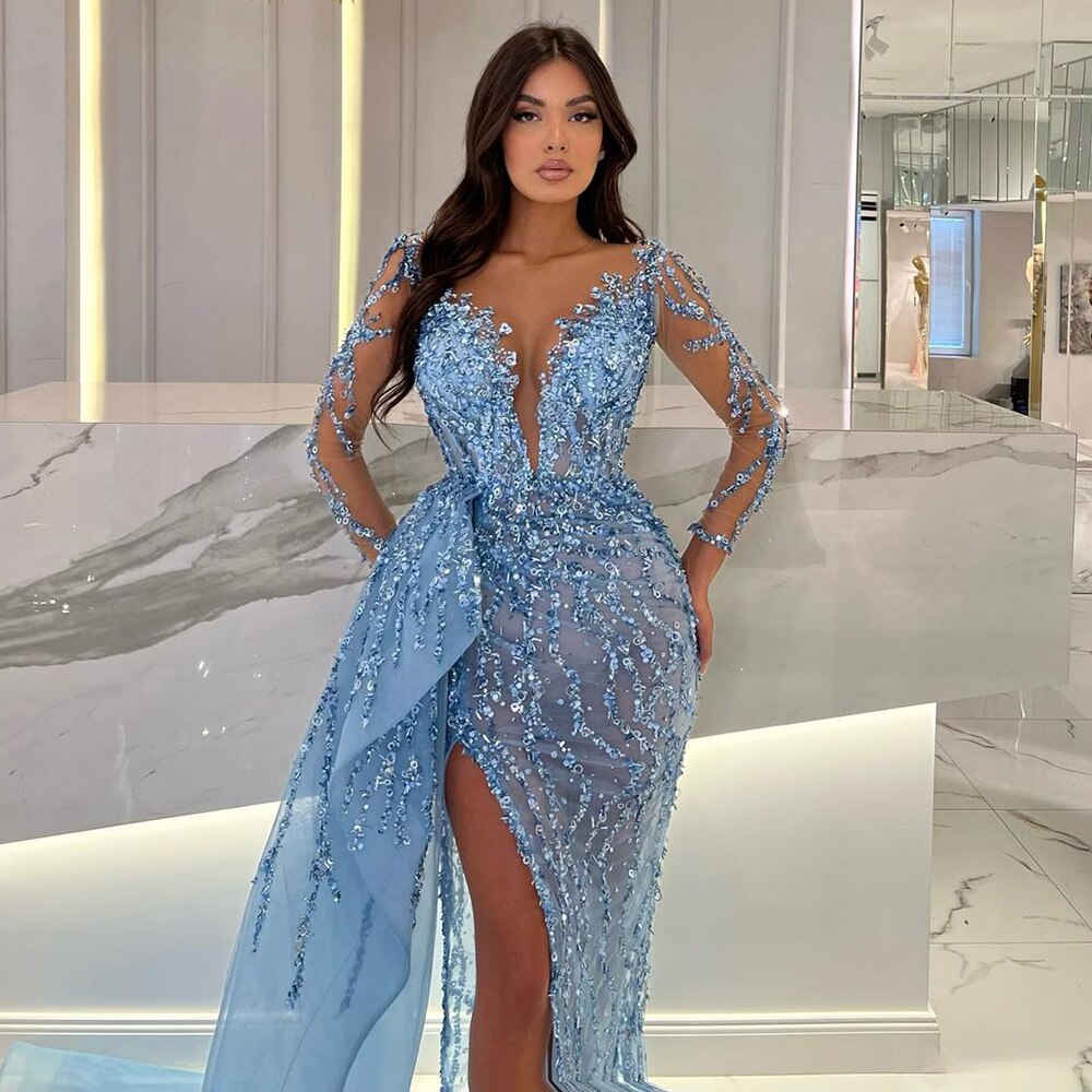 Serene Hill Blue Long Sleevele Elegant Mermaid High Split Evening Dresses 2025 Women Sexy Party Gowns with Side Skirt LA72044 - SERENE HILL