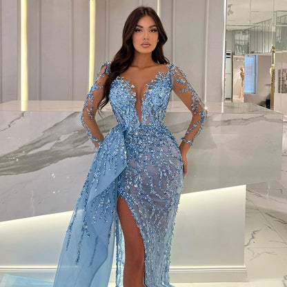 Serene Hill Blue Long Sleevele Elegant Mermaid High Split Evening Dresses 2025 Women Sexy Party Gowns with Side Skirt LA72044 - SERENE HILL
