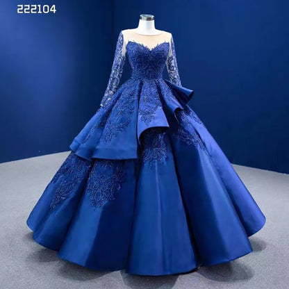 Serene Hill Blue Long Ssleeves Beaded Lace Lace Up Ball Gown Bride Gowns Wedding Dress High End Custom Made 2025 HM222104 - SERENE HILL
