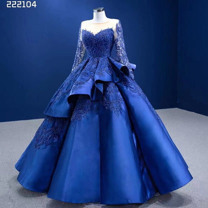 Serene Hill Blue Long Ssleeves Beaded Lace Lace Up Ball Gown Bride Gowns Wedding Dress High End Custom Made 2025 HM222104 - SERENE HILL