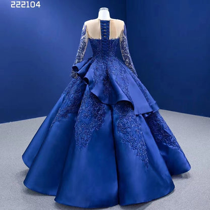 Serene Hill Blue Long Ssleeves Beaded Lace Lace Up Ball Gown Bride Gowns Wedding Dress High End Custom Made 2025 HM222104 - SERENE HILL
