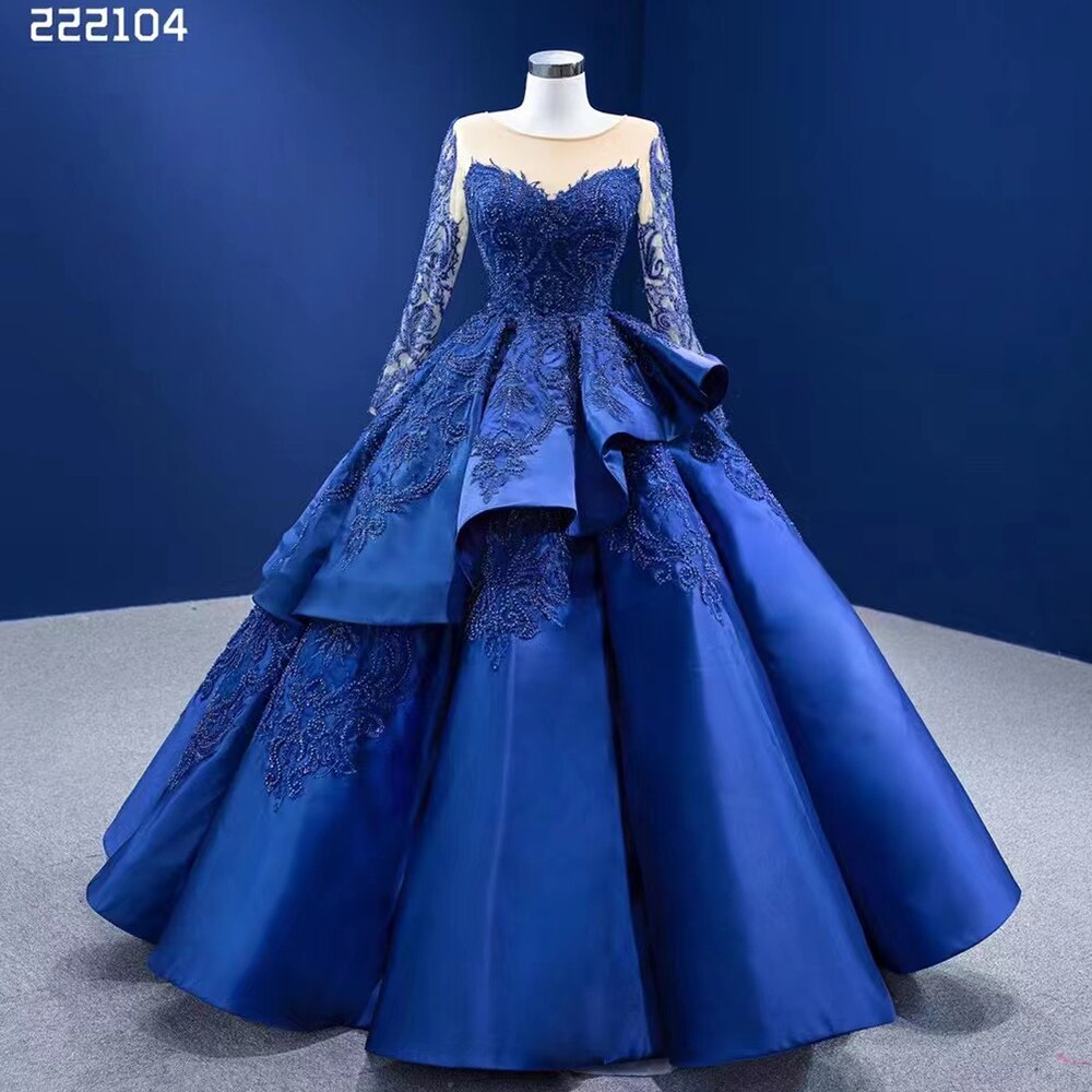 Serene Hill Blue Long Ssleeves Beaded Lace Lace Up Ball Gown Bride Gowns Wedding Dress High End Custom Made 2025 HM222104 - SERENE HILL
