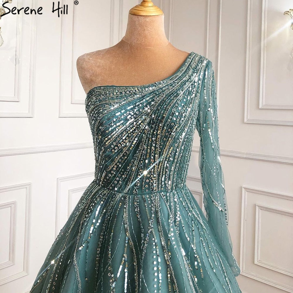 Serene Hill Blue Luxury Ankle Length Evening Dresses Gowns 2021 One Shoulder Beading Sexy For Woman Party LA71021 - SERENE HILL