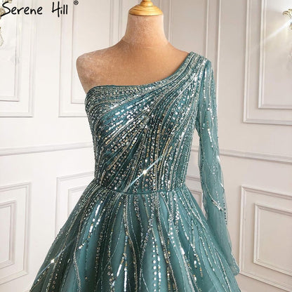 Serene Hill Blue Luxury Ankle Length Evening Dresses Gowns 2021 One Shoulder Beading Sexy For Woman Party LA71021 - SERENE HILL