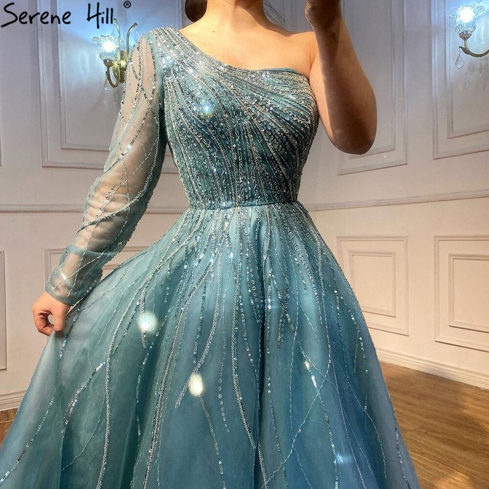 Serene Hill Blue Luxury Ankle Length Evening Dresses Gowns 2021 One Shoulder Beading Sexy For Woman Party LA71021 - SERENE HILL
