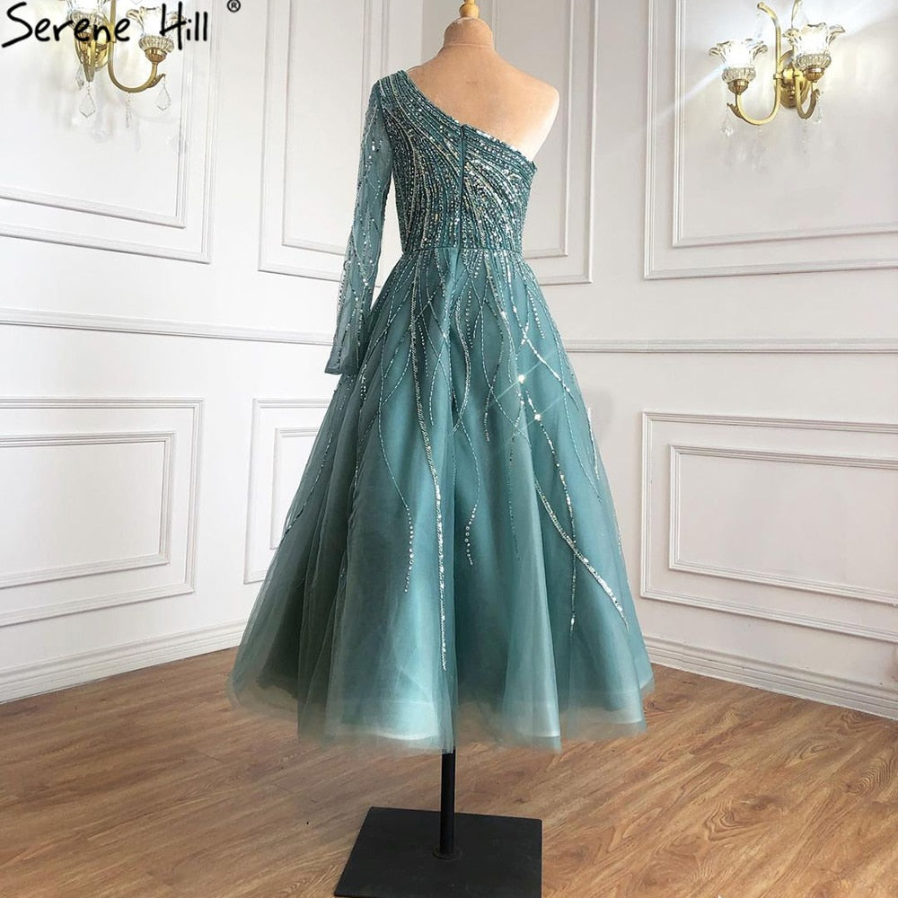 Serene Hill Blue Luxury Ankle Length Evening Dresses Gowns 2021 One Shoulder Beading Sexy For Woman Party LA71021 - SERENE HILL