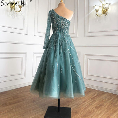 Serene Hill Blue Luxury Ankle Length Evening Dresses Gowns 2021 One Shoulder Beading Sexy For Woman Party LA71021 - SERENE HILL