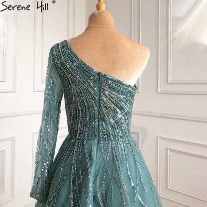 Serene Hill Blue Luxury Ankle Length Evening Dresses Gowns 2021 One Shoulder Beading Sexy For Woman Party LA71021 - SERENE HILL