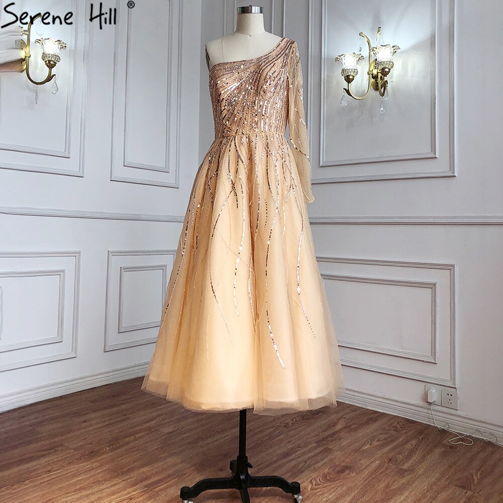 Serene Hill Blue Luxury Ankle Length Evening Dresses Gowns 2021 One Shoulder Beading Sexy For Woman Party LA71021 - SERENE HILL