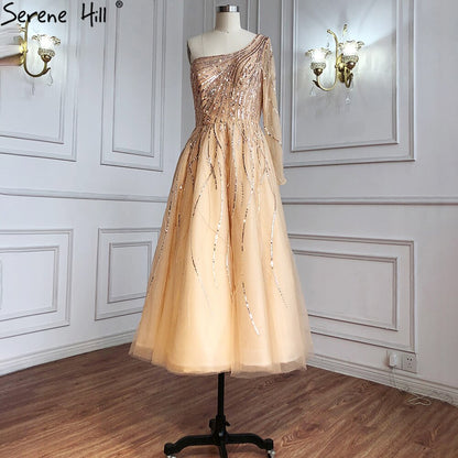 Serene Hill Blue Luxury Ankle Length Evening Dresses Gowns 2021 One Shoulder Beading Sexy For Woman Party LA71021 - SERENE HILL