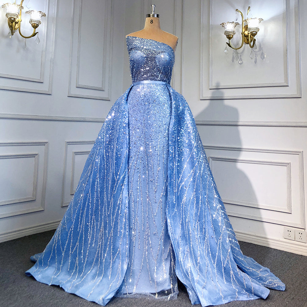 Serene Hill Blue Mermaid Backless Evening Dresses Gowns 2025 Luxury Beaded Elegant Detachable Skirt For Woman Party LA71665 - SERENE HILL
