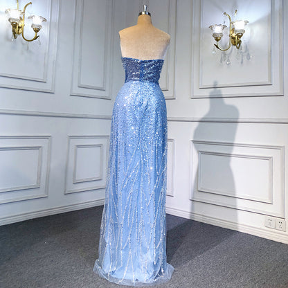 Serene Hill Blue Mermaid Backless Evening Dresses Gowns 2025 Luxury Beaded Elegant Detachable Skirt For Woman Party LA71665 - SERENE HILL