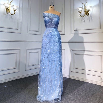 Serene Hill Blue Mermaid Backless Evening Dresses Gowns 2025 Luxury Beaded Elegant Detachable Skirt For Woman Party LA71665 - SERENE HILL
