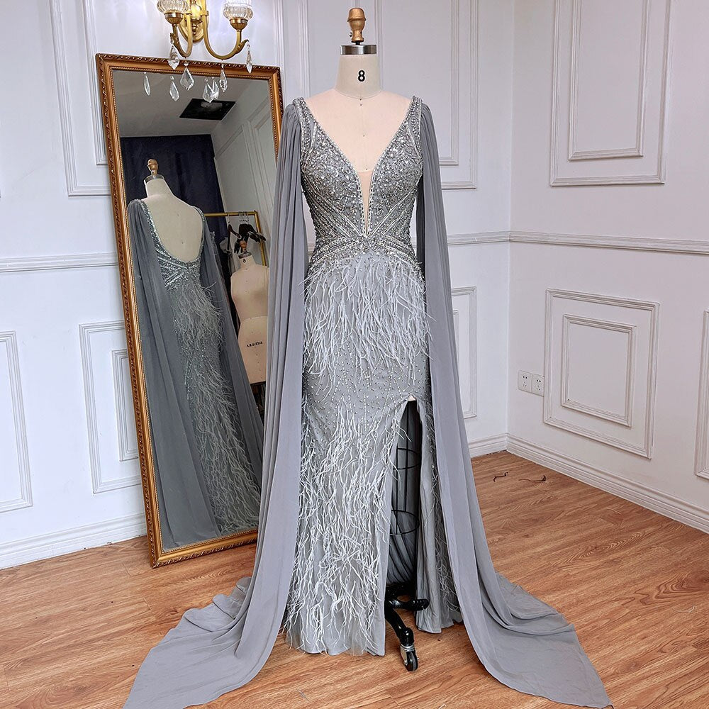 Serene Hill Blue Mermaid Elegant Cape Sleeves Luxury Beaded Feather Evening Dresses Gowns 2025 For Women Party LA71583A - SERENE HILL