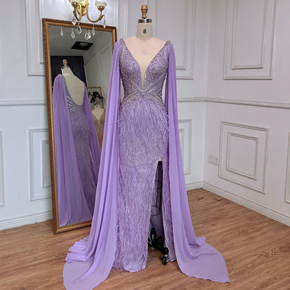 Serene Hill Blue Mermaid Elegant Cape Sleeves Luxury Beaded Feather Evening Dresses Gowns 2025 For Women Party LA71583A - SERENE HILL