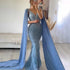 Serene Hill Blue Mermaid Elegant Cape Sleeves Luxury Beaded Feather Evening Dresses Gowns 2025 For Women Party LA71583A - SERENE HILL