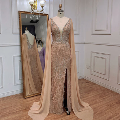 Serene Hill Blue Mermaid Elegant Cape Sleeves Luxury Beaded Feather Evening Dresses Gowns 2025 For Women Party LA71583A - SERENE HILL