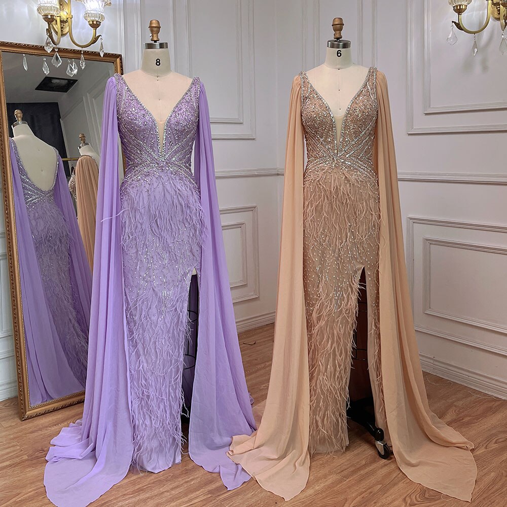Serene Hill Blue Mermaid Elegant Cape Sleeves Luxury Beaded Feather Evening Dresses Gowns 2025 For Women Party LA71583A - SERENE HILL