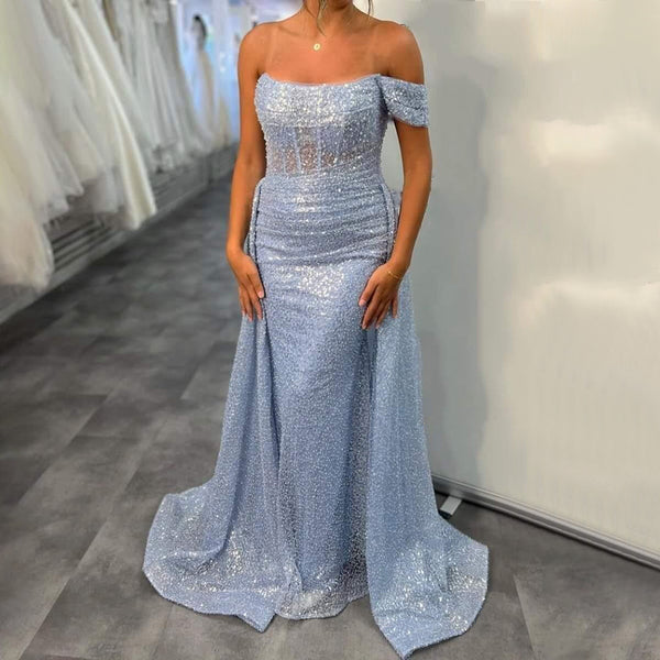 فساتين سهرة Serene Hill Blue Mermaid مثيرة أنيقة خارج الكتف مطرزة 2025 لحفلة النساء LA71729