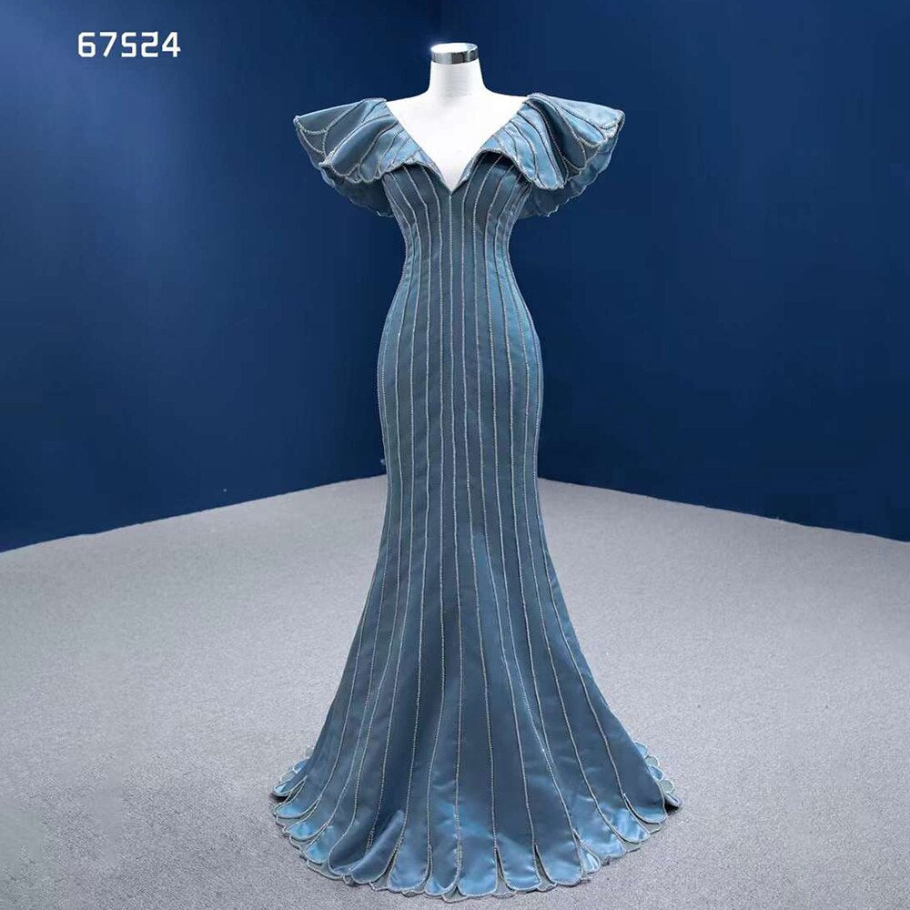 Serene Hill Blue Mermaid Elegant V Neck Luxury Beaded Evening Dresses Gowns For Women Party 2025 High End Custom Made HM67524 - SERENE HILL