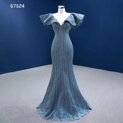 Serene Hill Blue Mermaid Elegant V Neck Luxury Beaded Evening Dresses Gowns For Women Party 2025 High End Custom Made HM67524 - SERENE HILL