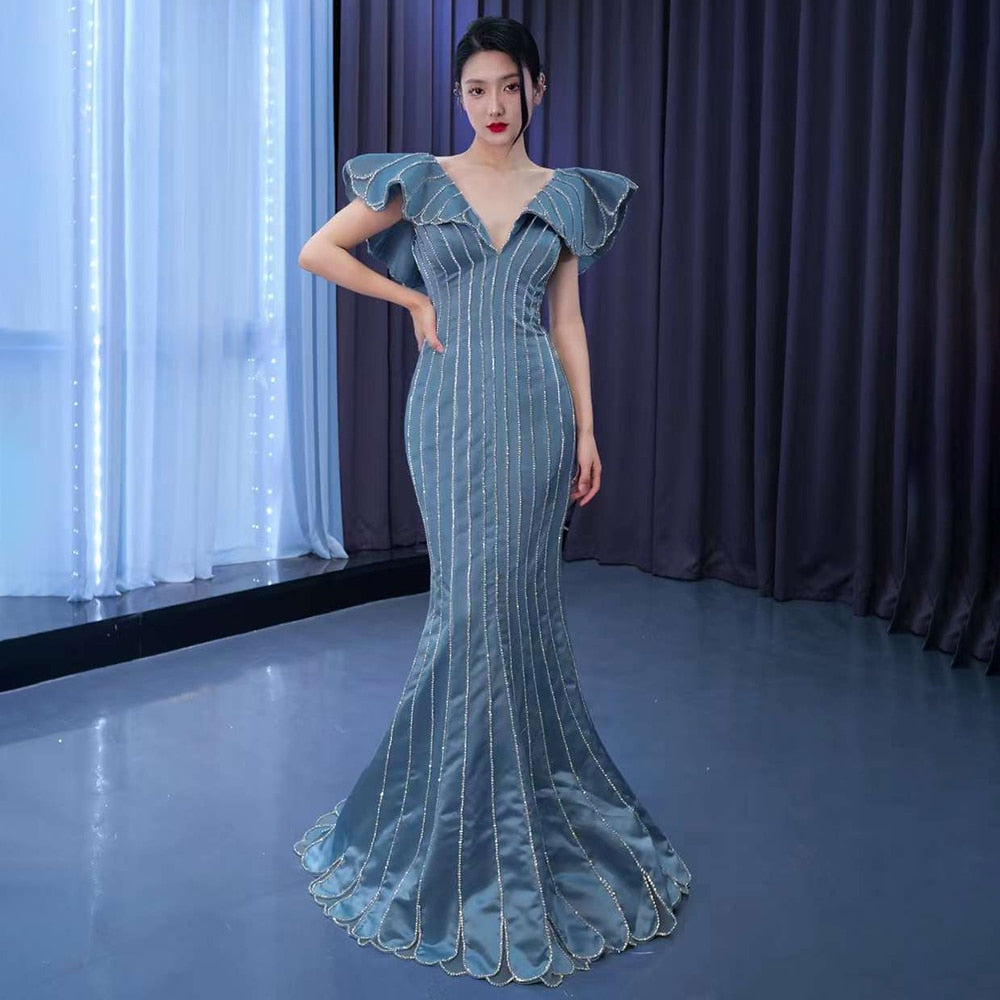 Serene Hill Blue Mermaid Elegant V Neck Luxury Beaded Evening Dresses Gowns For Women Party 2025 High End Custom Made HM67524 - SERENE HILL