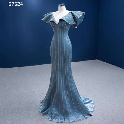 Serene Hill Blue Mermaid Elegant V Neck Luxury Beaded Evening Dresses Gowns For Women Party 2025 High End Custom Made HM67524 - SERENE HILL
