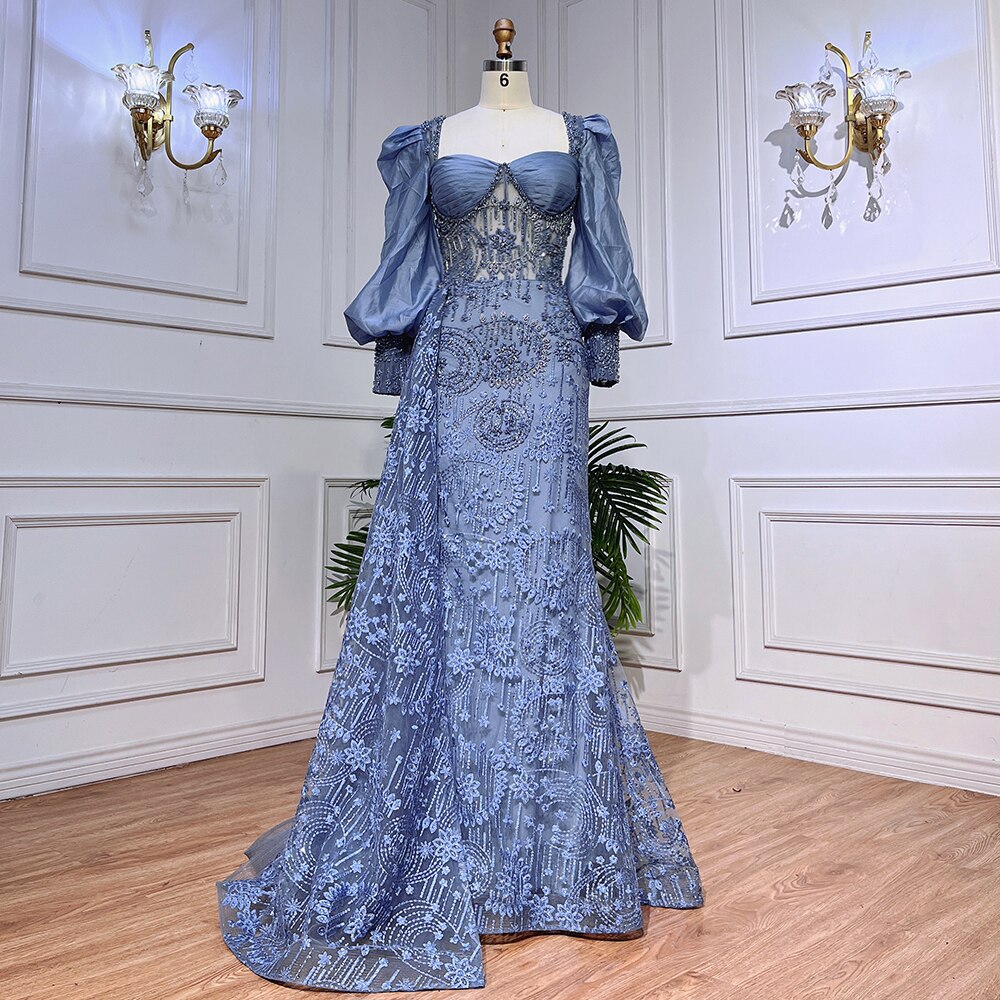 Serene Hill Blue Mermaid Lace Beaded Formal Evening Dresses With Balloon Sleeves For Woman Wedding Party Gowns LA72034 - SERENE HILL