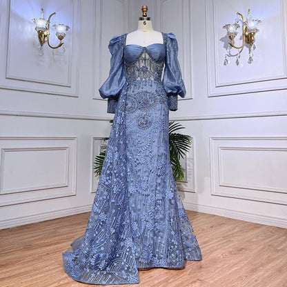 Serene Hill Blue Mermaid Lace Beaded Formal Evening Dresses With Balloon Sleeves For Woman Wedding Party Gowns LA72034 - SERENE HILL