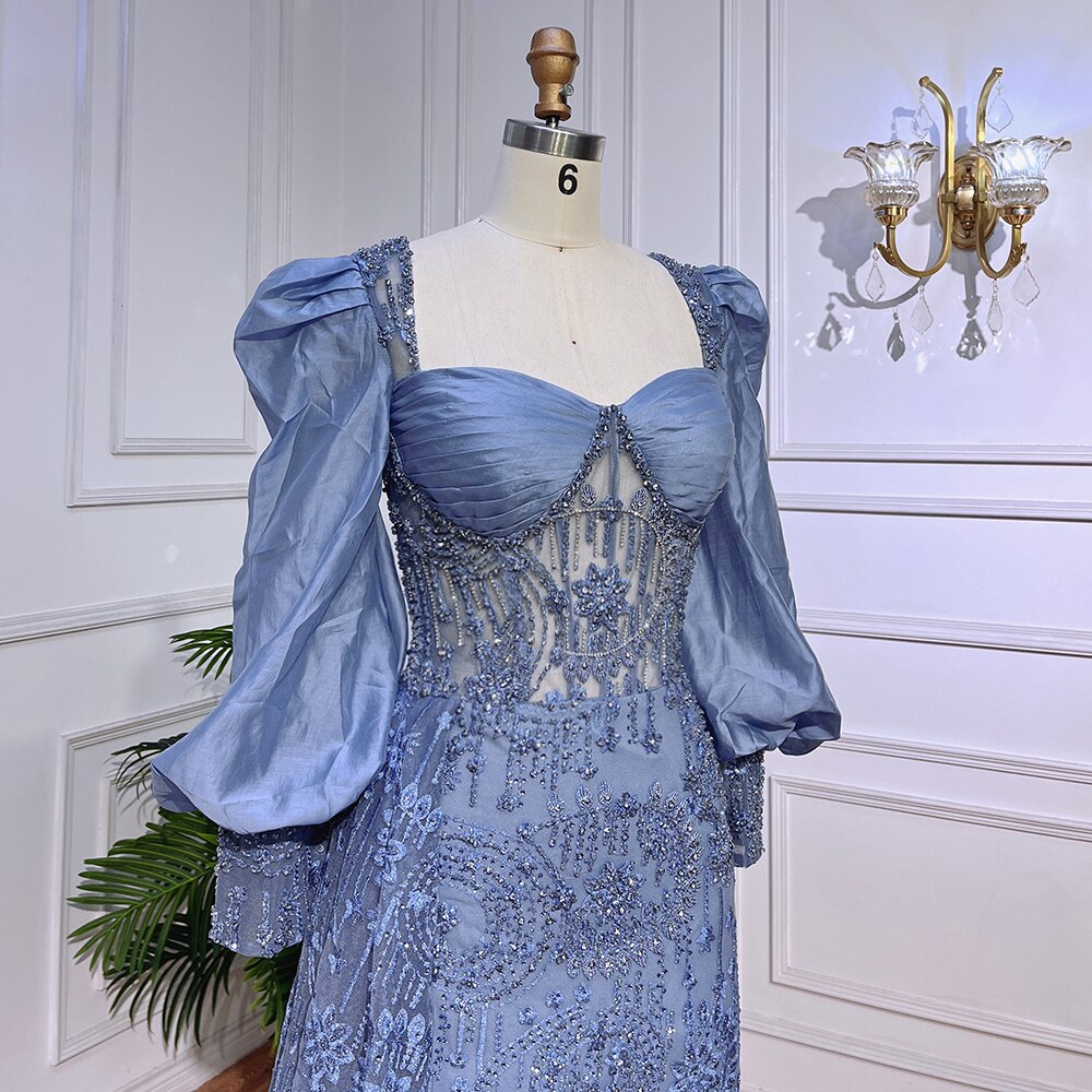 Serene Hill Blue Mermaid Lace Beaded Formal Evening Dresses With Balloon Sleeves For Woman Wedding Party Gowns LA72034 - SERENE HILL