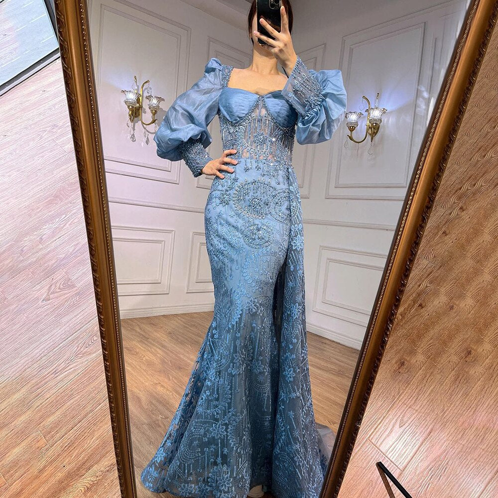 Serene Hill Blue Mermaid Lace Beaded Formal Evening Dresses With Balloon Sleeves For Woman Wedding Party Gowns LA72034 - SERENE HILL