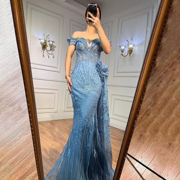 Serene Hill Blue Mermaid Lace Beaded Formal Occasion Evening Dresses With Overskirt Or Woman Wedding  Party Gowns LA72042