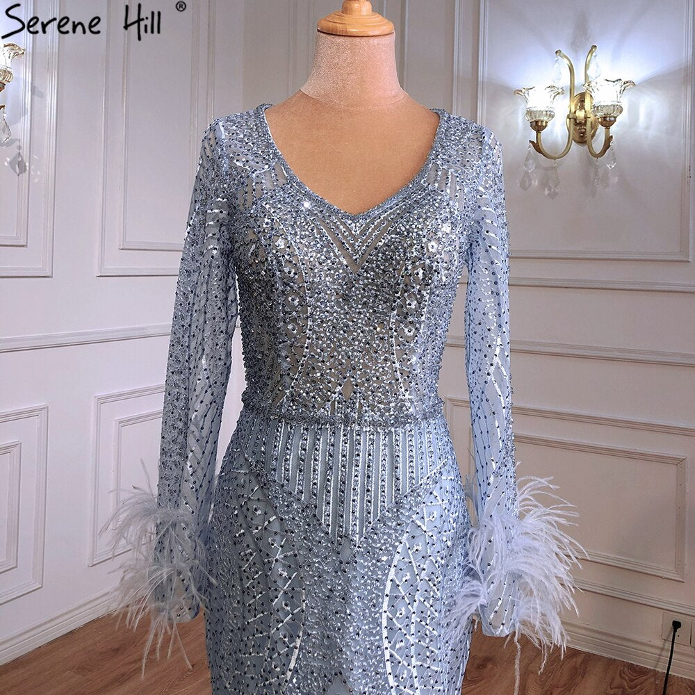 Serene Hill Blue Mermaid Luxury Evening Dresses Gowns Feather Beading Luxury Elegant For Women Party Plus Size 2025 LA70968 - SERENE HILL