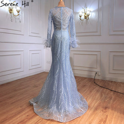 Serene Hill Blue Mermaid Luxury Evening Dresses Gowns Feather Beading Luxury Elegant For Women Party Plus Size 2025 LA70968 - SERENE HILL