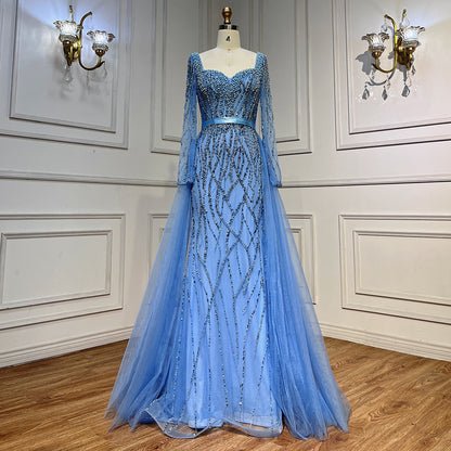Serene Hill Blue Mermaid Luxury Pearls Beaded Arabic Elegant Evening Dresses Gowns For Woman Wedding Party LA71861 - SERENE HILL