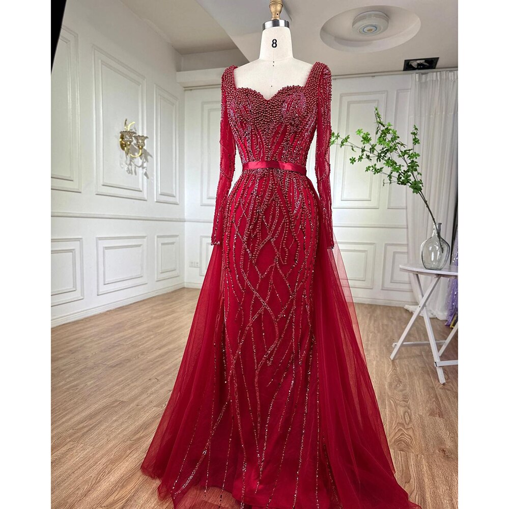 Serene Hill Blue Mermaid Luxury Pearls Beaded Arabic Elegant Evening Dresses Gowns For Woman Wedding Party LA71861 - SERENE HILL