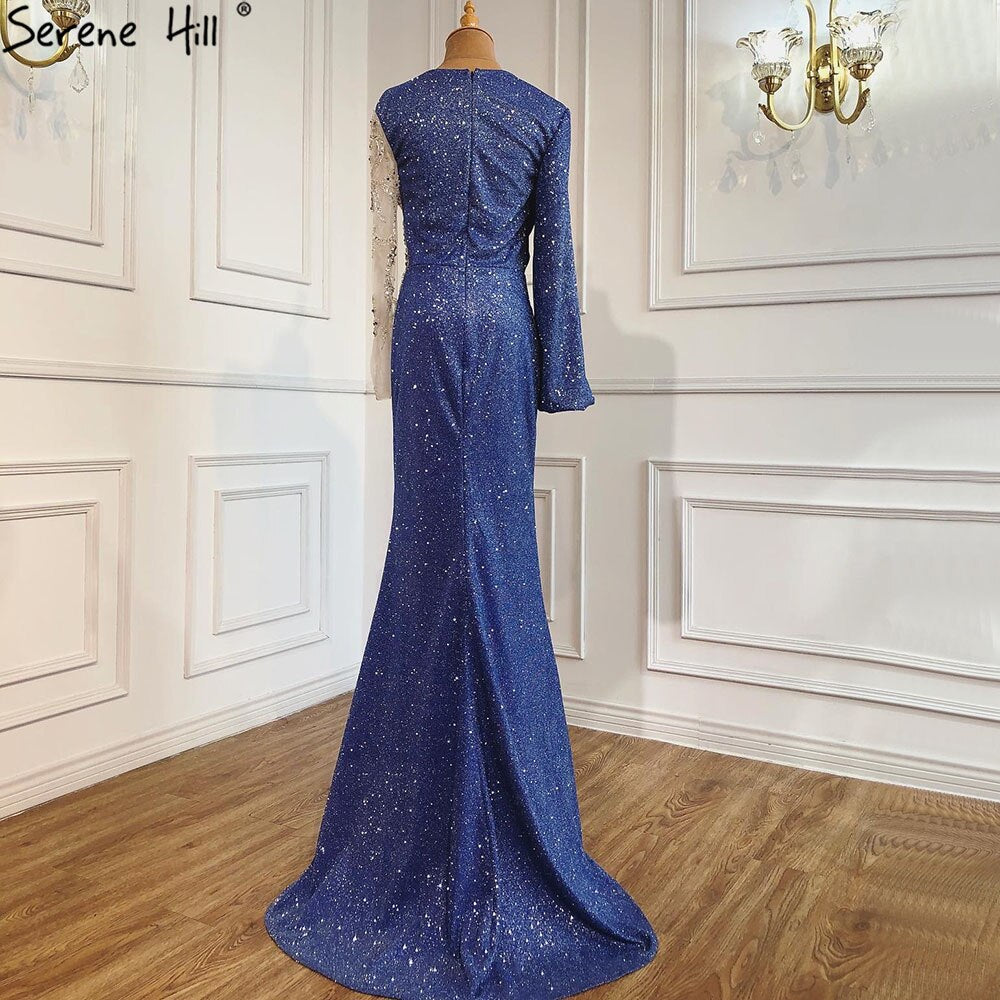 Serene Hill Blue Mermaid O-Neck Evening Gowns 2025 Dubai Long Sleeves Beading Sparkle Formal Dress LA70759 - SERENE HILL