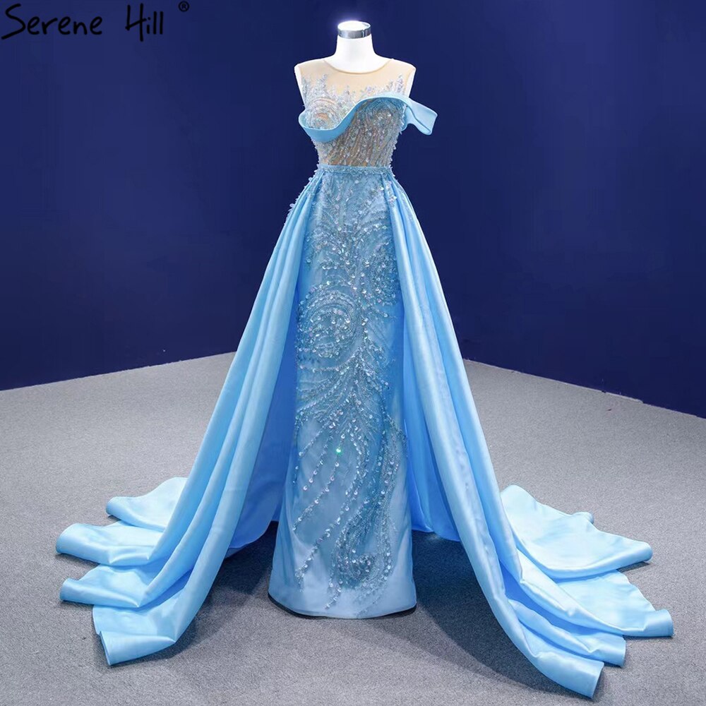 Serene Hill Blue Mermaid Overskirt Evening Dresses Gowns 2025 Beaded Elegant Luxury Satin For Women Party HM67366 - SERENE HILL