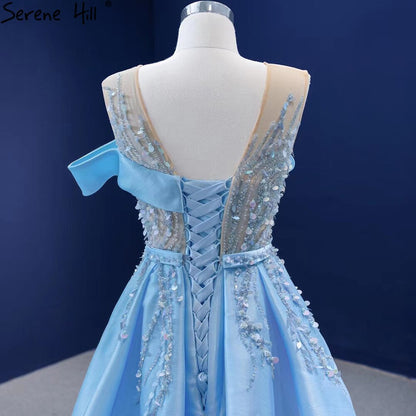 Serene Hill Blue Mermaid Overskirt Evening Dresses Gowns 2025 Beaded Elegant Luxury Satin For Women Party HM67366 - SERENE HILL