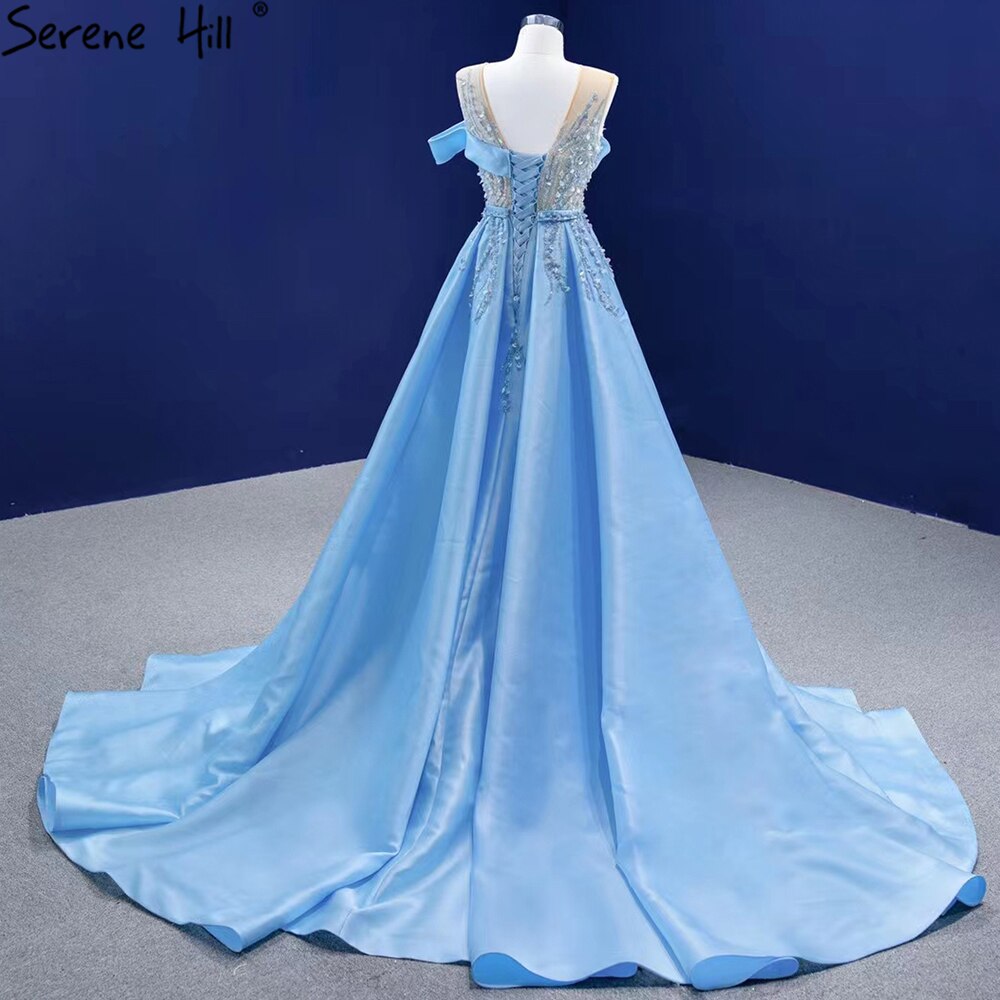 Serene Hill Blue Mermaid Overskirt Evening Dresses Gowns 2025 Beaded Elegant Luxury Satin For Women Party HM67366 - SERENE HILL