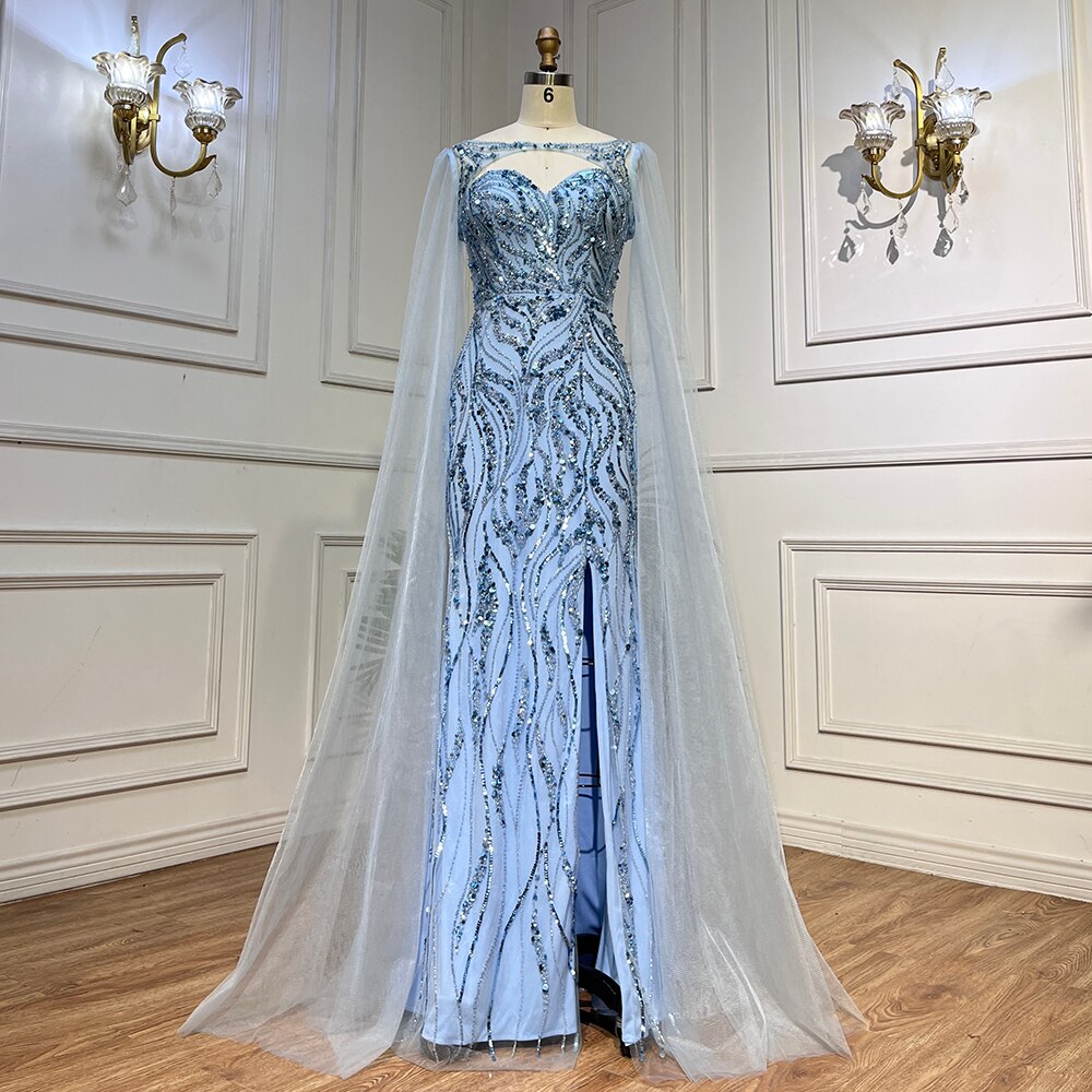 Serene Hill Blue Mermaid Sexy Long Cape Sleeves Evening Dresses High Slipt Gowns Luxury Beaded 2025 For Women Party LA72015 - SERENE HILL