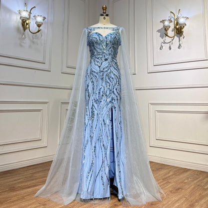 Serene Hill Blue Mermaid Sexy Long Cape Sleeves Evening Dresses High Slipt Gowns Luxury Beaded 2025 For Women Party LA72015 - SERENE HILL