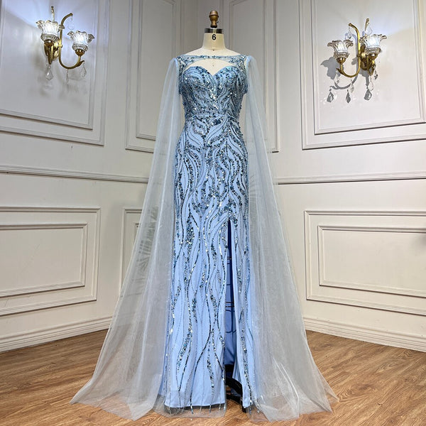Serene Hill Blue Mermaid Sexy Long Cape Sleeves Evening Dresses High Slipt Gowns Luxury Beaded 2025 For Women Party LA72015