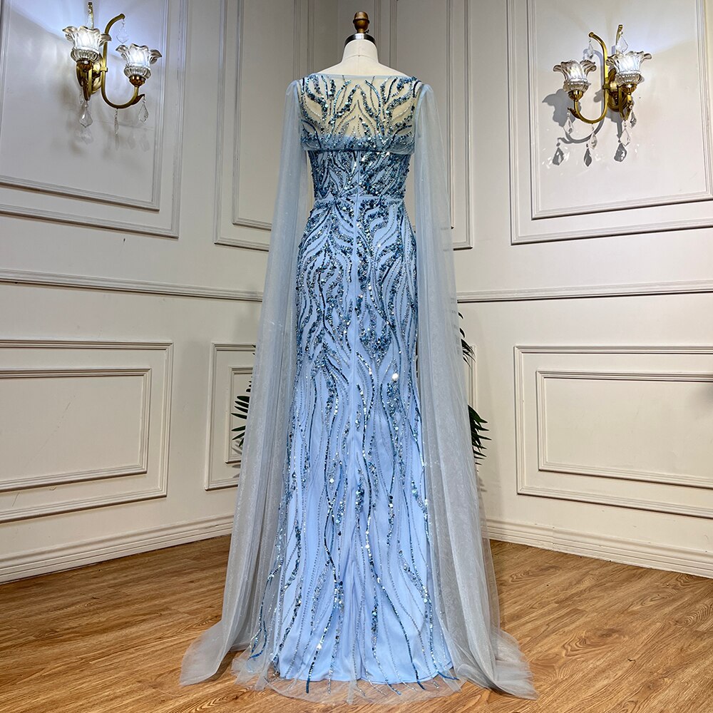 Serene Hill Blue Mermaid Sexy Long Cape Sleeves Evening Dresses High Slipt Gowns Luxury Beaded 2025 For Women Party LA72015 - SERENE HILL