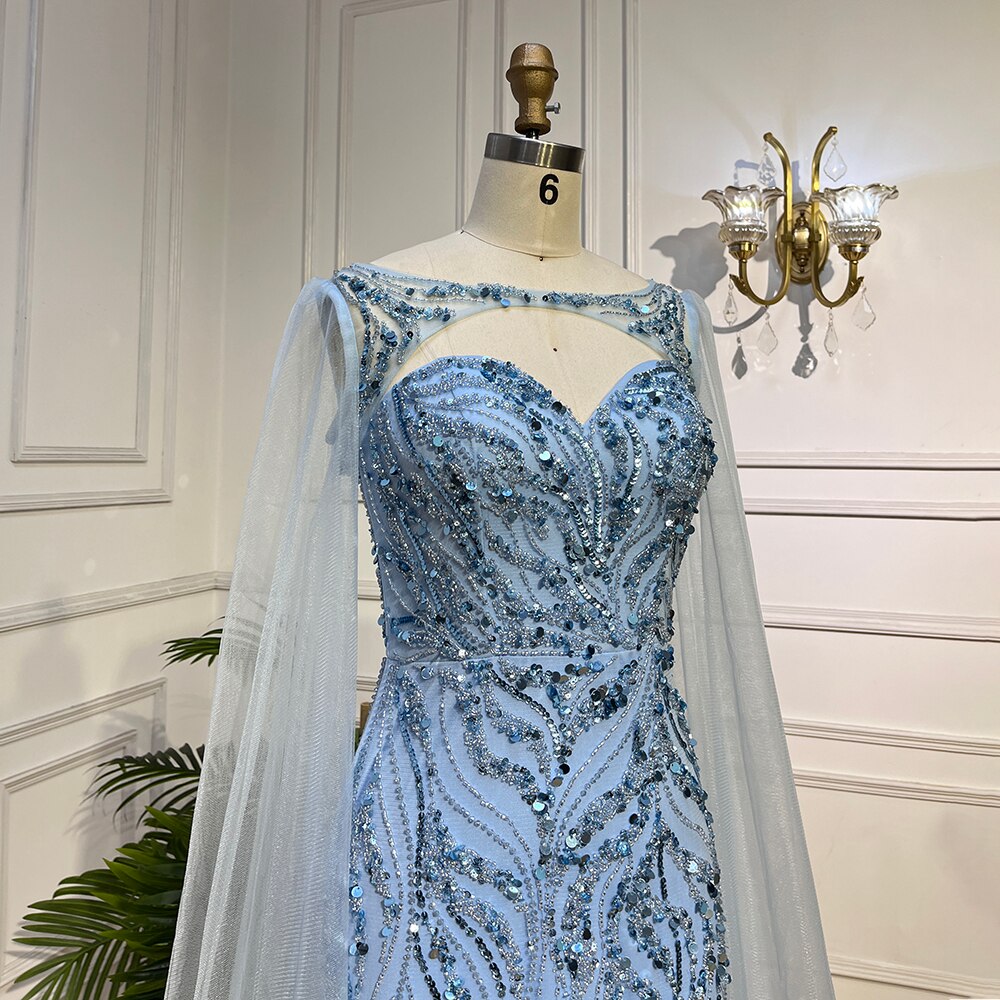 Serene Hill Blue Mermaid Sexy Long Cape Sleeves Evening Dresses High Slipt Gowns Luxury Beaded 2025 For Women Party LA72015 - SERENE HILL