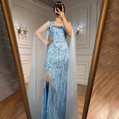 Serene Hill Blue Mermaid Sexy Long Cape Sleeves Evening Dresses High Slipt Gowns Luxury Beaded 2025 For Women Party LA72015 - SERENE HILL