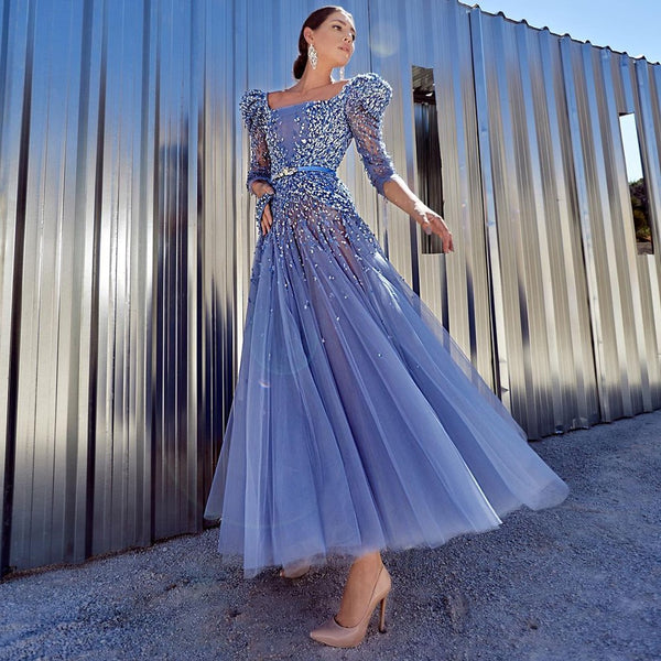 Serene Hill Blue Midi Evening Dress 2025 Luxury Dubai Muslim Ankle Length Arabic Short Wedding Formal Party Gown LA71631A
