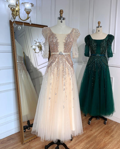 Serene Hill Blue Midi Evening Dress 2025 Luxury Dubai Muslim Ankle Length Arabic Short Wedding Formal Party Gown LA71631A - SERENE HILL